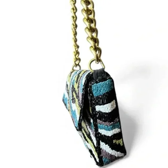 Hand Made in India Beaded Shoulder Abstract Design Bag Thick Chain NWT - Picture 6 of 6